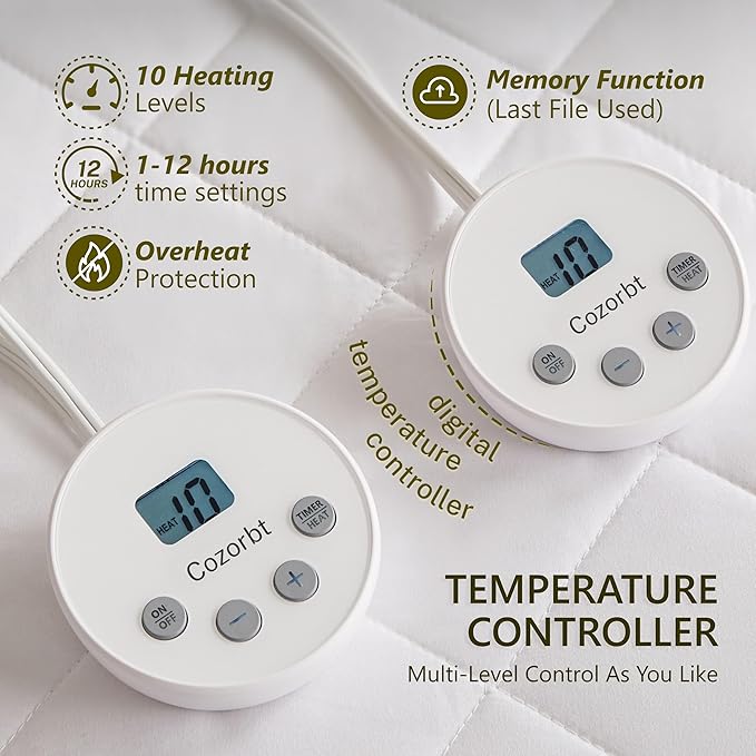 Heated Diamond Quilted Mattress Pad,Queen Size Dual Control,Soft Bed Warmer,10 Heat Settings,1-12 Hours Auto-Off,Fast Heating,ETL Certified,Machine Washable,Fit Up to 18" Deep Pocket,60"x80"