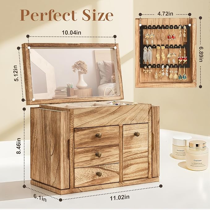 Poyilooo Jewelry Box Organizer, Solid Wood Jewelry Boxes fow Women with Mirror, Double Layer Jewelry Organizer Box Display Earring Necklace Bracelet Ring, Rustic Style Small Jewelry Box for Girls - Image 2