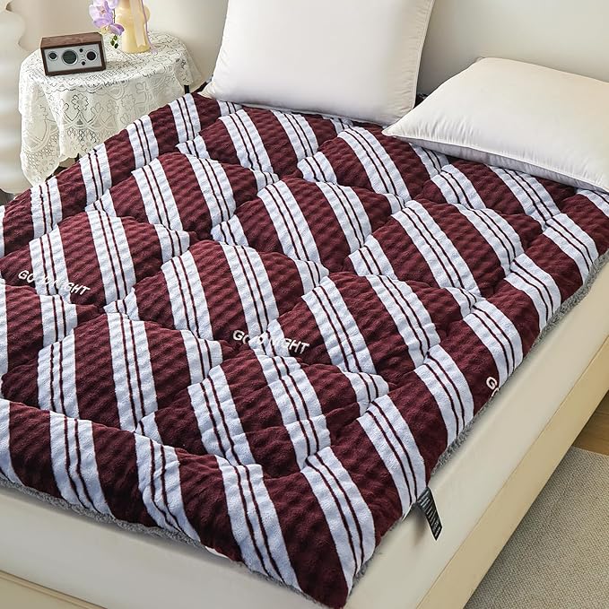 Twin Mattress Pad 39 x 75 inches, Warm Thicken Velvet Mattress Topper Twin Protector with 4 Elastic Band, Suitable for Mattresses up to 15 inches Thick Washable, Brown Stripes