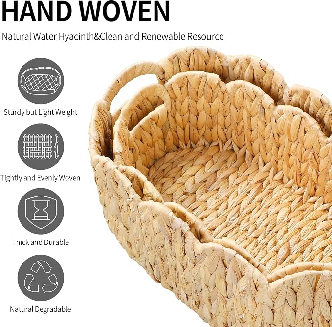 Coeusy Scalloped Basket Set of 2,Water Hyacinth Basket for Organizing and Decor,Hand-Woven Wicker Storage Baskets with Built-In Handles for Nursery,Gift,Laundry - Image 8
