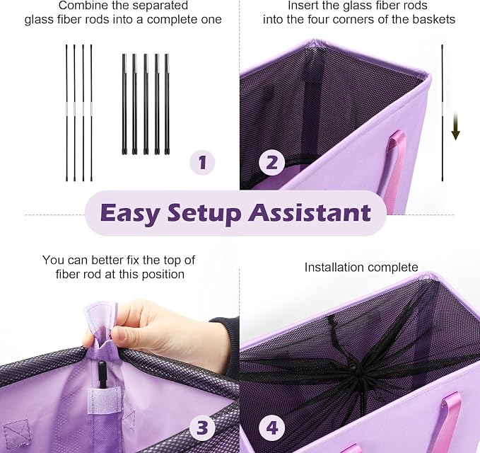 Odonata Slim Laundry Hamper Handles Collapsible Laundry Basket Thin Dirty Clothes Basket Narrow Laundry Bag Foldable Dirty Hamper 45L (Light Purple) - Image 3