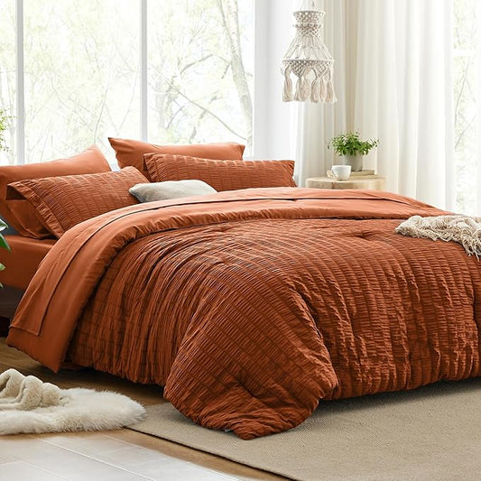 Love's cabin Seersucker Terracotta King Size Comforter Set, 7-Piece All Season Lightweight Bed in a Bag Bedding Set with Comforter, Flat Sheet, Fitted Sheet, Pillowcases and Shams | Soft, Breathable, Lightweight