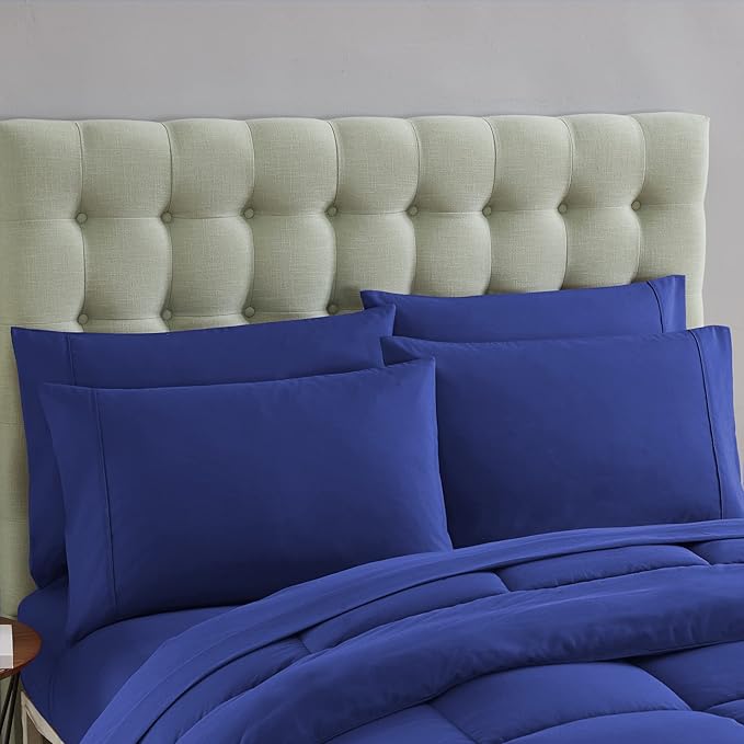Sweet Home Collection 7 Piece Comforter Set Bag Solid Color All Season Soft Down Alternative Blanket & Luxurious Microfiber Bed Sheets, Royal Blue, King
