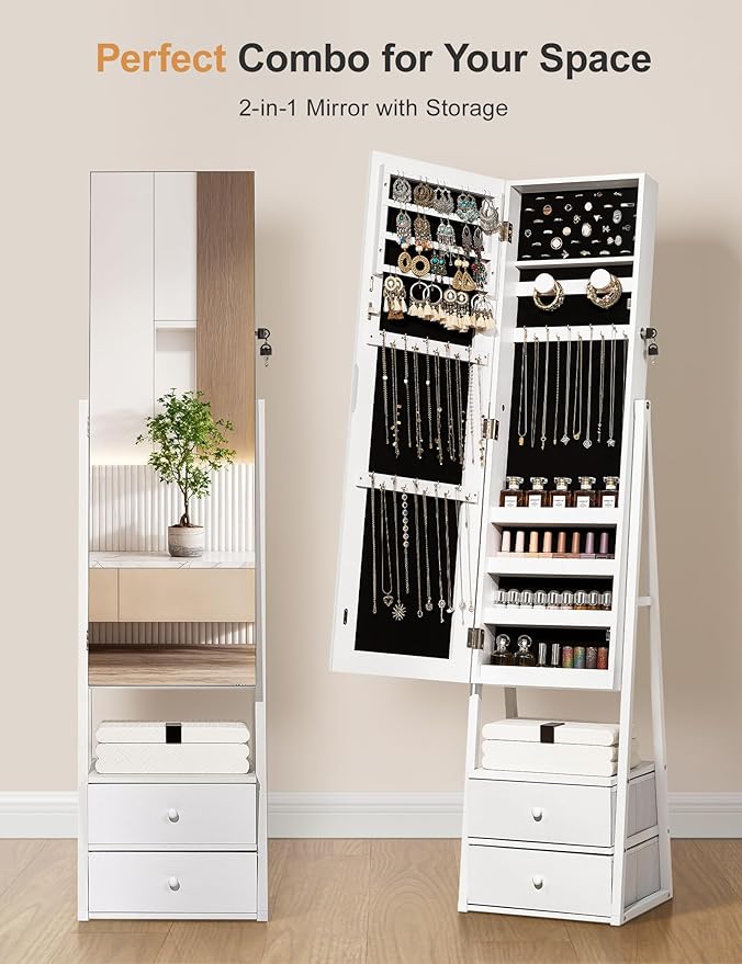 Nicetree Jewelry Cabinet Armoire with 2 Drawers, Lockable Standing Mirror Jewelry Cabinet, Full Length Mirror with Jewelry Storage, Gift Idea, White - Image 3