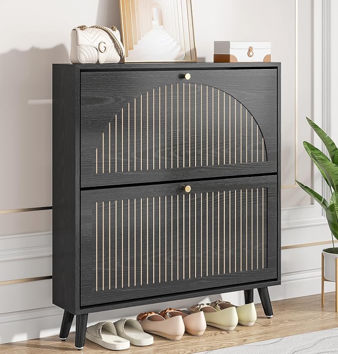 Fsbecl Shoe Storage Cabinet for Entryway with 2 Flip Drawers, Narrow Wood Shoe Cabinet with Fluted Panel, Freestanding Hidden Shoe Organizer for Foyer, Hallway (Black - No Shelf) by Fsbecl