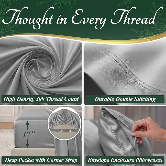 DECOLURE 100% Viscose Derived from Bamboo Sheets Twin Size - Luxury 4 Pc Naturally Cooling Sheets, Ultra Soft Bed Set - Deep 17" Pockets, Durable Double Stitching, Oeko Tex Standard (Light Grey)
