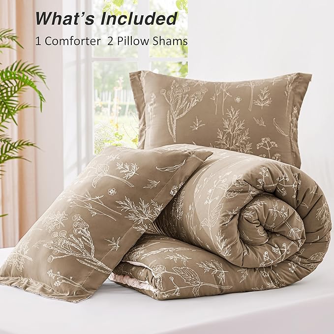 Love's cabin Light Taupe Comforter Set Queen - Queen Size Comforter Set, 3 Pieces Cute Floral Bedding Sets for All Seasons,1 Soft Reversible Botanical Flowers Comforter and 2 Pillow Shams