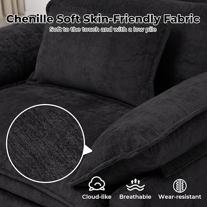 Modern Oversized Accent Chairs Set of 2,Chenille Cloud Sofa Chair with Deep Seat,Upholstered Armchair with Extra Thick,Comfy Reading Chairs for Living Room Bedroom Apartment Black