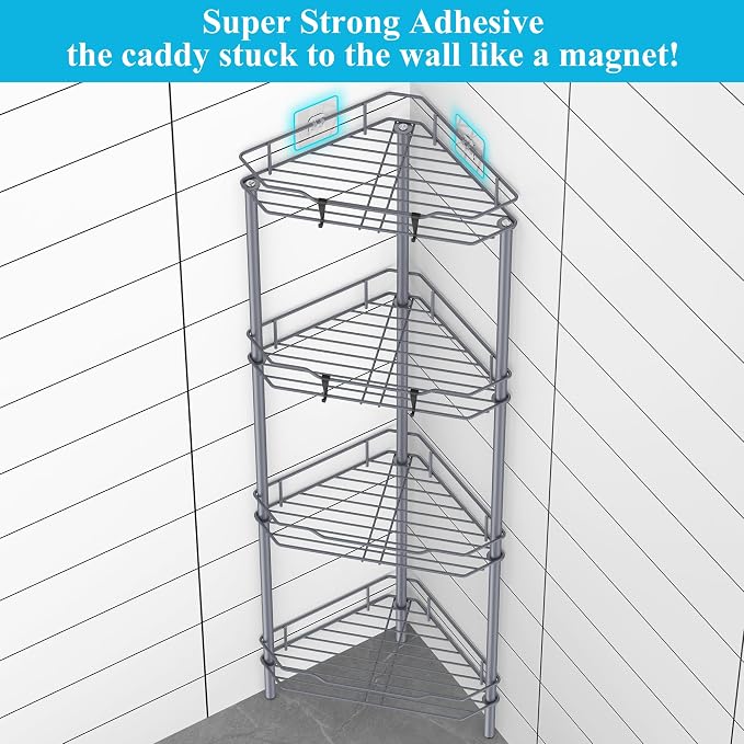 HuggieGems 4 Tier Floor Standing Corner Shower Caddy Organizer Shelf with Hooks, Bathroom Shelves Stand Rack, Dark Gray - Image 2