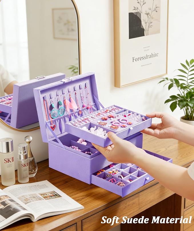 QBestry 3-Layer Jewelry Box for Girls & Teens with Lock and Key, Large Jewelry Organizer with 8 Necklace Hooks & 56 Earring Holes, Violet Velvet Jewelry Storage Box for Necklace Earring Ring Bracelet - Image 8