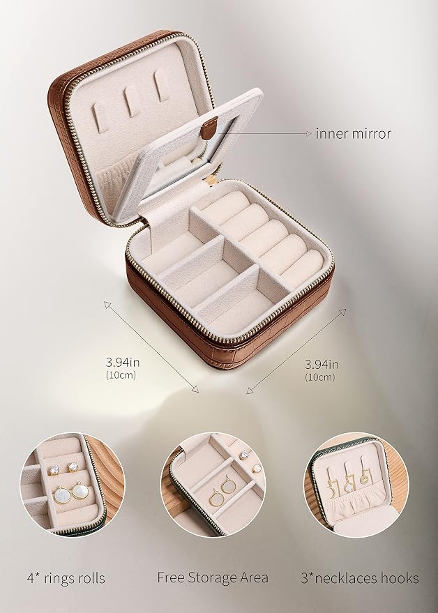 S.Leaf Travel Jewelry Organizer Boxes for Women Small Portable Necklace Earrings Bracelet Rings Travel Case Best Friend Birthday Gifts for Women Trendy (12_Pattern_Crocodile_Brown_01) - Image 4