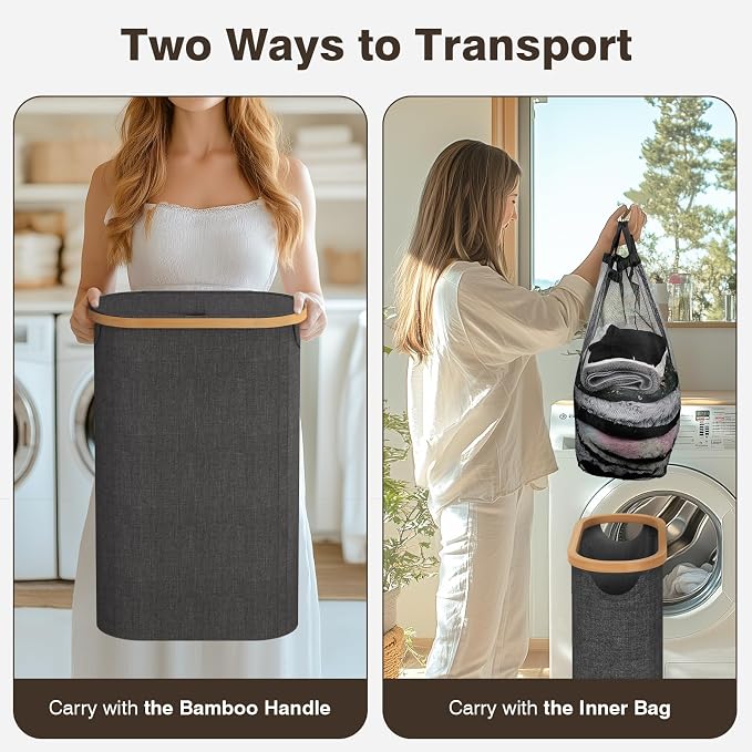 Slim Laundry Hamper with Lid, 60L Small Laundry Basket with Handles&Removable Bag, Thin Dirty Clothes Hampers for Laundry, Narrow Laundry Hampers for Bedroom Aesthetic, Dark Grey - Image 3