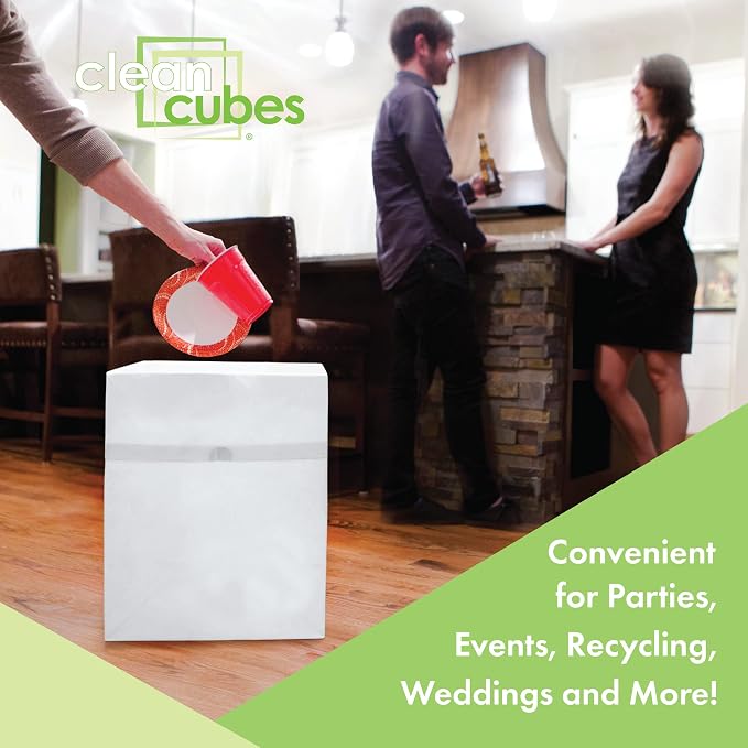 Clean Cubes 13 Gallon Disposable Pop-Up Trash Cans (3-Pack) with Fitted Bags – Foldable Garbage & Recycling Bins for Parties, Events & Kitchen (White, 17" H x 13.5" W x 10" D) - Image 2