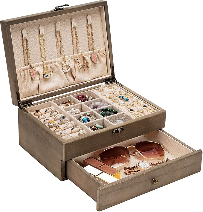 Pinzoveco Jewelry Box for Women, Rustic Wooden Jewelry Organizer Box for Storage Earrings Rings Necklace Bracelet, Farmhouse Style Wood Jewelry Boxes & Organizers (Gray) by Pinzoveco