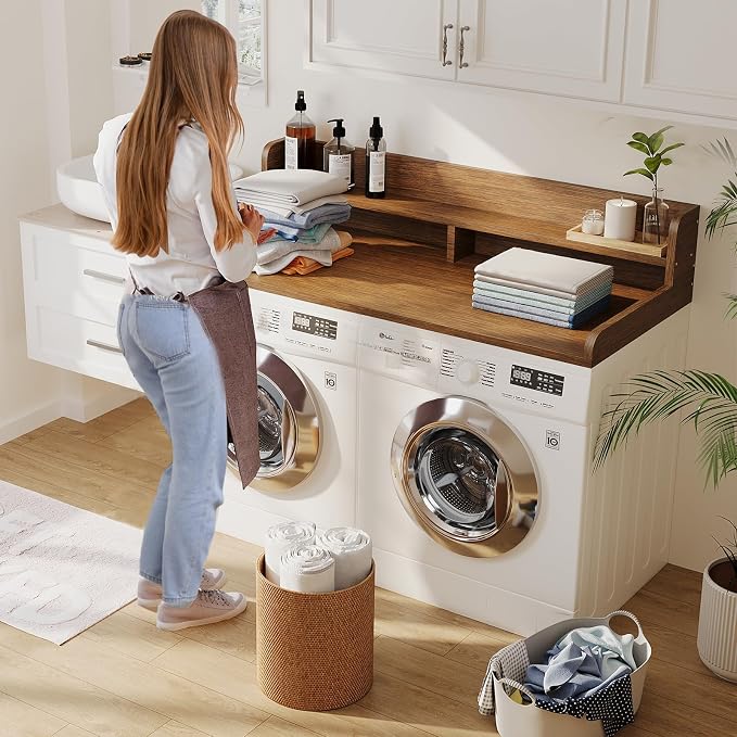 2-Tier Washer Dryer Countertop with 2.75" H Edge Rails, 58" W x 28" D Laundry Countertop for Folding Clothes, Washer and Dryer Topper with Non-Slip Pad (Brown) - Image 4