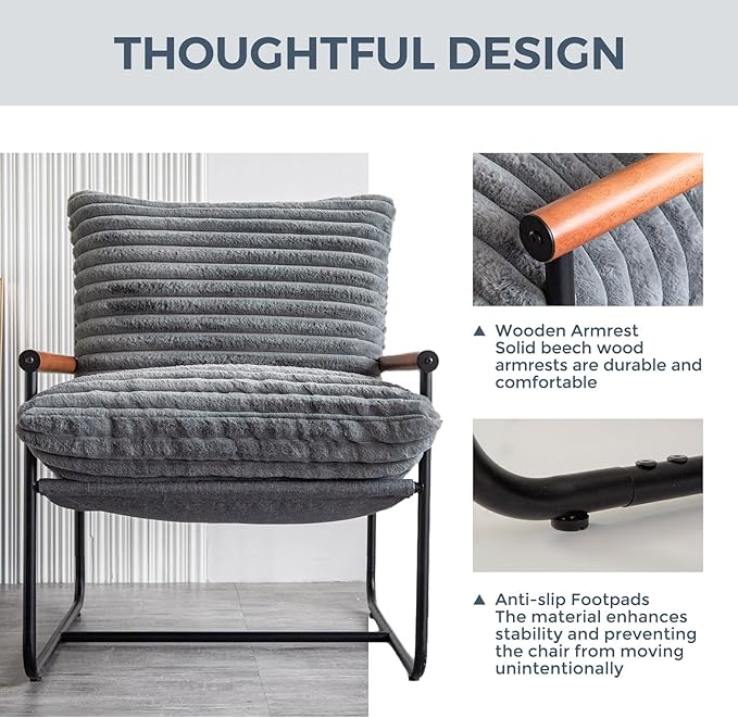 MAXYOYO Accent Chair, Sherpa Arm Chair for Living Room, Mid Century Modern Accent Chairs, Boucle Reading Bedroom Chair, Teddy Armchair, Wooden Arms Metal Frame