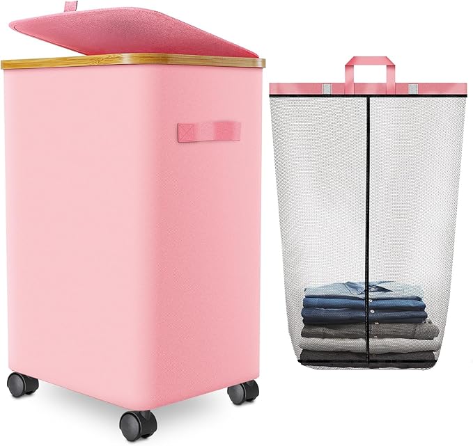 Laundry Hamper with Wheels,20 Gal (75L) Laundry Basket with lid Rolling Clothes Hamper Foldable Dirty Clothes Basket on wheels with Bamboo Frame and Bag for Bedroom, Dorm, Laundry Room-Pink by Wuevu