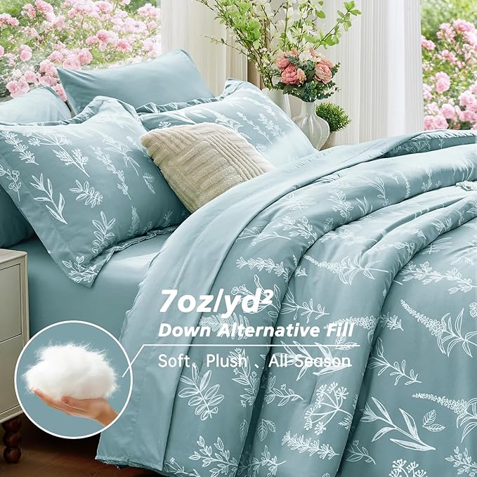 MUXHOMO Blue Bed in a Bag Queen 7 Pieces, Queen Comforter Set Reversible Botanical Flowers Design, Ultra Soft & Breathable Bedding Sets with Comforter, Sheets, Pillowcases & Shams