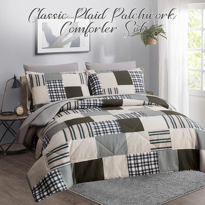 Comforter Set King Size Plaid Patchwork Comforter Bedding-7 Piece Bed in a Bag,Soft Fluffy Reversible Microfiber Bedding Set(1 Comforter,1 Flat Sheet,1 Fitted Sheet,2 Pillowcases,2 Pillow Shams)