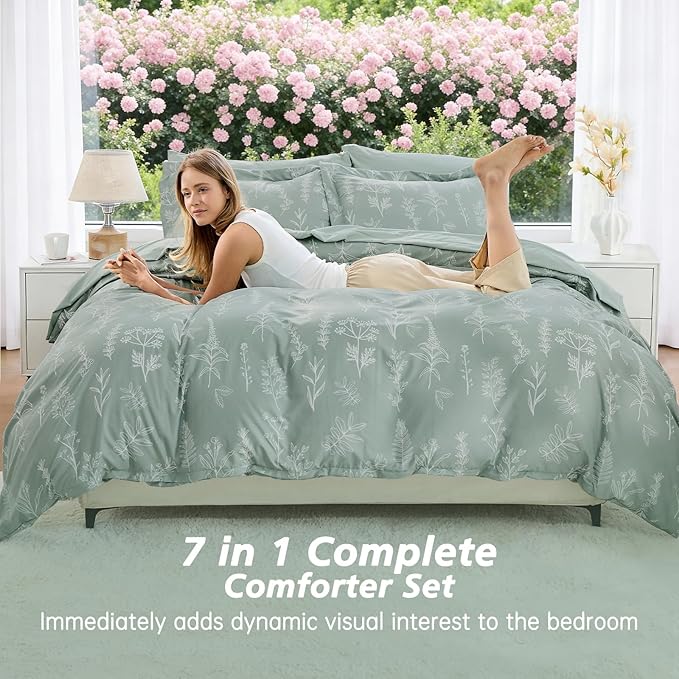 MUXHOMO Cal King Comforter Set, Sage Green Elegant Floral Print Bed in a Bag 7 Pieces, Ultra Soft & Breathable Reversible Botanical Pattern Bedding Set with Comforter, Sheets, Pillowcases, and Shams