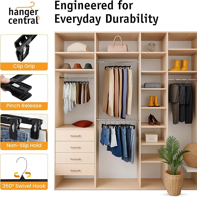 Hanger Central 30 Pack Pants Hangers Slim Plastic Clothes Hangers with Clips for Skirts, Shorts & Trousers – Non Slip Grip, Heavy Duty Space Saver with Swivel Hook – Black Closet Organizer - 12 Inch - Image 5