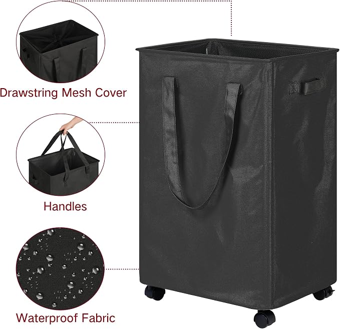 efluky Slim Laundry Hamper with Wheels, Rolling Laundry Basket for Clothes, Small Laundry Basket for Bedroom, Dorm and Laundry Room, 90L (19.8 Gallons) Black - Image 3