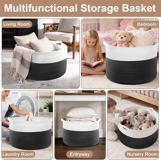 XXXL Large Laundry Basket, 105L Soft Cotton Rope Basket, Blanket Storage and Organizers, Baby Nursery Laundry Hamper, Extra Large Toys Storage Bins for Kids 23.6'' x 14.6'', White & Black - Image 6