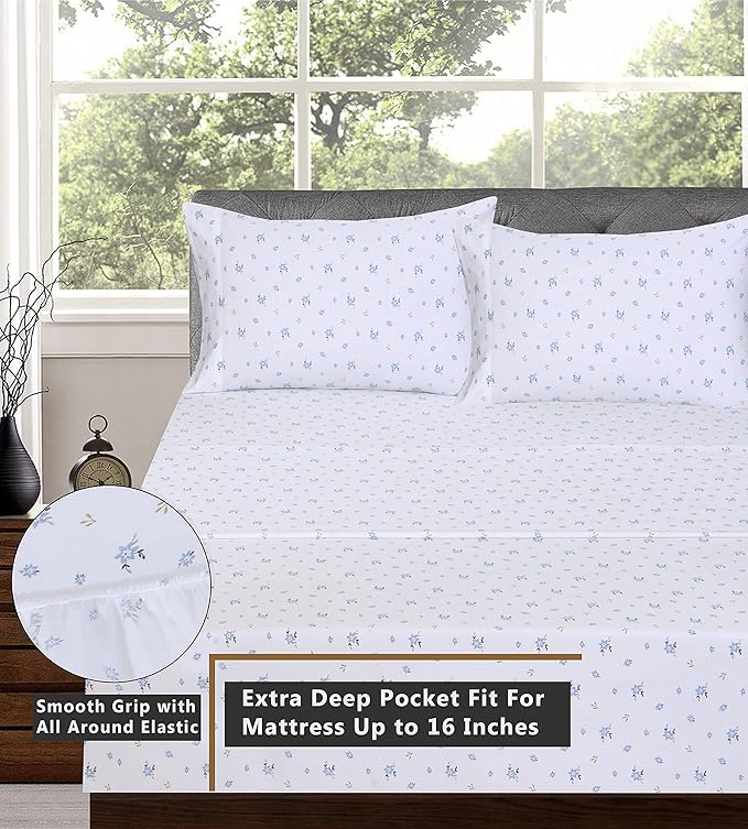 RUVANTI 100% Cotton Sheets – King Size Percale Bedding, Cooling & Breathable Floral Design, Durable with a Crisp, Soft & Comfortable Feel, 16" Deep Pocket, 4-Piece Set, Phulkari