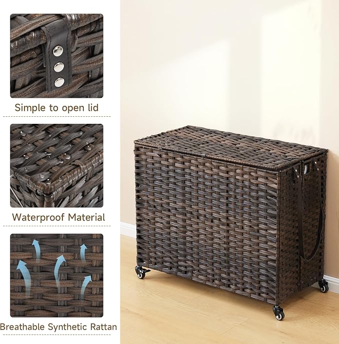 Laundry Hamper with Wheels, 52.8 Gallon(200L) Rolling Laundry Basket with Lid, 3-Section Rattan Clothes Hamper with 3 Removable Liner & 3 Mesh Bags, Laundry Sorter with Side Pocket, Brown - Image 8