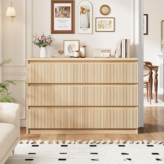 Jocoevol Oak 6 Drawer Dresser for Bedroom, Modern Fluted Dresser, Bedroom Dressers with Drawers, Large Double Wooden Chest of Drawers for Living Room, Hallway