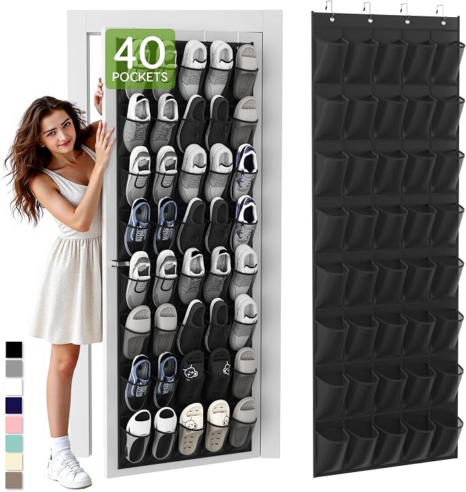 Unjumbly Over the Door Shoe Organizer with 40 Large Breathable Mesh Pockets, Space Saving Shoe Holder, Hanging Shoe Rack for Entryway Bedroom Closet Storage (Black, 40 Pockets) by Unjumbly