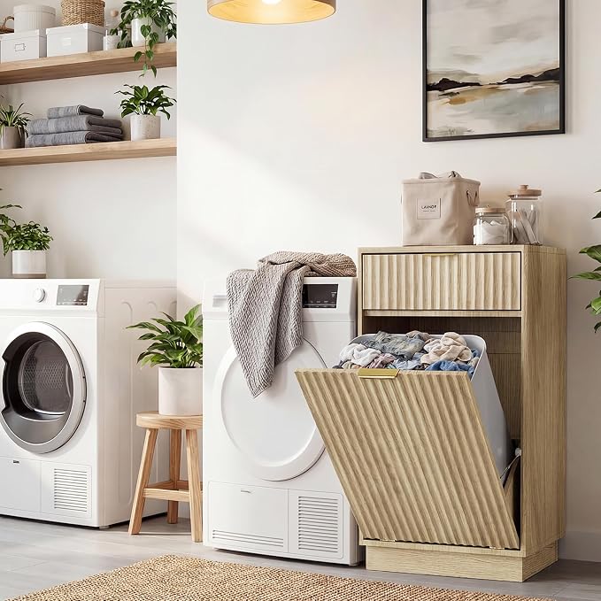 Tilt-Out Trash Cabinet with 10-Gallon Capacity, Walnut Laundry Hamper Cabinet, 34.3 x 19 x 13.8 inches, Wave-Textured Front. - Image 9