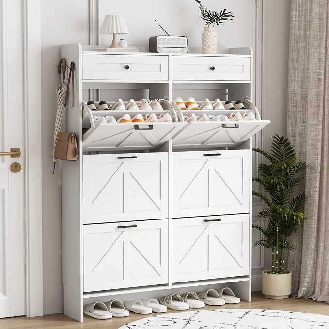 Shoe Cabinet with 6 Flip Drawers & 2 Top Drawers, 57" Tall Freestanding Narrow Wooden Shoe Storage Organizer for Entryway, Hidden Slim Shoe Rack for Front Door Entrance, Hallway, Living Room, White by Xixini