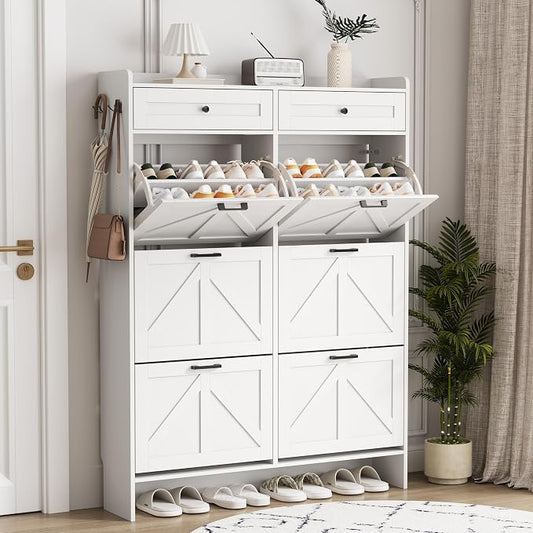 Shoe Cabinet with 6 Flip Drawers & 2 Top Drawers, 57" Tall Freestanding Narrow Wooden Shoe Storage Organizer for Entryway, Hidden Slim Shoe Rack for Front Door Entrance, Hallway, Living Room, White by Xixini