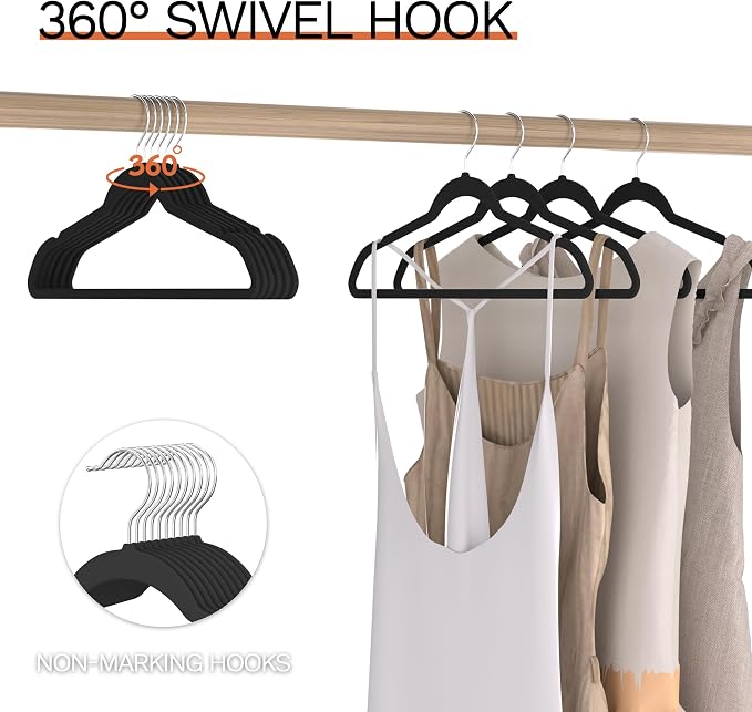 Black Velvet Hangers 20 Pack, Slim Space Saving Suit Hangers for Closet Organizer, Rotating Silver Hook, Non Slip Clothes Felt Hanger Heavy Duty for Coat,Shirt, Pants, Camisole, Dress - Image 3