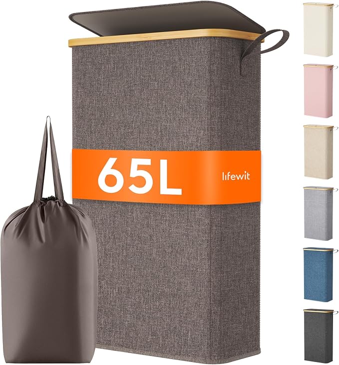 Lifewit 65L Slim Laundry Hamper with Lid, Narrow Laundry Basket with Removable Bag & Bamboo Handles, Fodable Thin Dirty Clothes Hamper for Laundry Collapsible Bin for Bathroom Bedroom Dorm, Brown by Lifewit