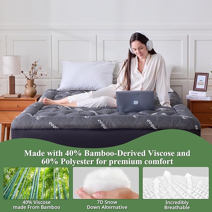 Queen Mattress Topper, Viscose Derived from Bamboo Thick Pillow Top Mattress Pad with Deep Pocket, Naturally Cooling for Hot Sleepers, Soft for Back Pain Relief, Dark Gray