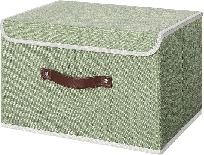 ANMINY Storage Bin with Lid Storage Boxes with PU Leather Handles PP Plastic Board Decorative Foldable Lidded Cotton Linen Fabric Home Cubes Baskets Closet Organizer Container - Green, Large Size by ANMINY