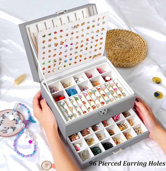 QBestry Earring Jewelry Box for Women Girls Stud Organizers, 5 Layers Grey Jewelry Organizer Box with Lock Necklaces and Earrings Holder Jewelry Box with Earring Organizer for Women Girls Xmas Gifts - Image 6
