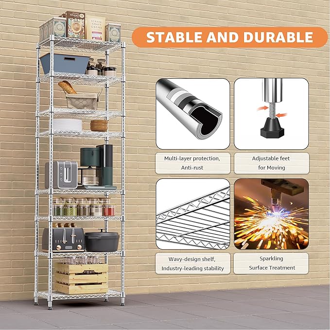 M MZG 8 Tier 2000 lbs Storage Rack Metal Wire Shelving Unit, Storage Standing Shelf Organizer for Laundry Bathroom Kitchen Pantry Closet Garage Utility Room, Chrome 13.8" D x 23.6" W x 79.5" H - Image 8