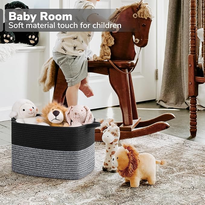 Goodpick Woven Storage Baskets for Organizing, Cotton Rope Organizer for Living Room, Closet Storage Bins for Toys Books, Rectangle Laundry Basket with Handles, 13"x10"x9", Black & Gray - Image 4