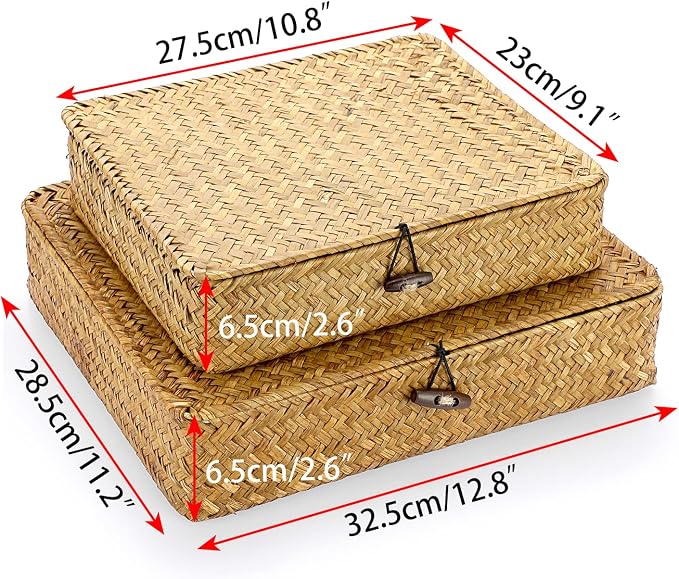 Hipiwe Set of 2 Flat Woven Wicker Storage Bins with Lid Natural Seagrass Basket Boxes Multipurpose Home Organizer Bins Boxes for Shelf Organizer, Caramel - Image 6
