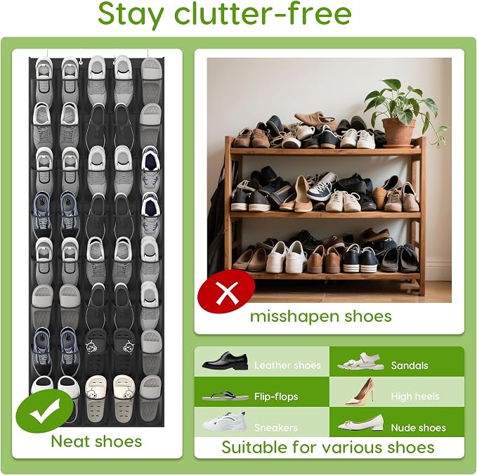 Unjumbly Over the Door Shoe Organizer with 40 Large Breathable Mesh Pockets, Space Saving Shoe Holder, Hanging Shoe Rack for Entryway Bedroom Closet Storage (Black, 80 Pockets) - Image 6
