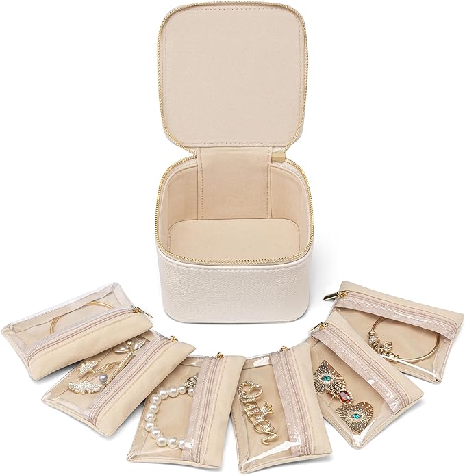 VLANDO Jewelry Travel Case,Valentines Gift,Travel Jewelry Organizer with Clear Velvet Jewelry Bags 6Pcs Zipper Pouch for Women Girl Birthday Gift-White by VLANDO