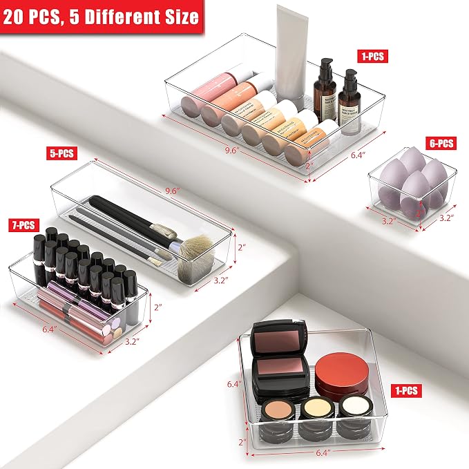 Simple Houseware 20 PCS Clear Plastic Drawer Organizers Set, 5-Size for Makeup, Bathroom, Bedroom and Office - Image 3