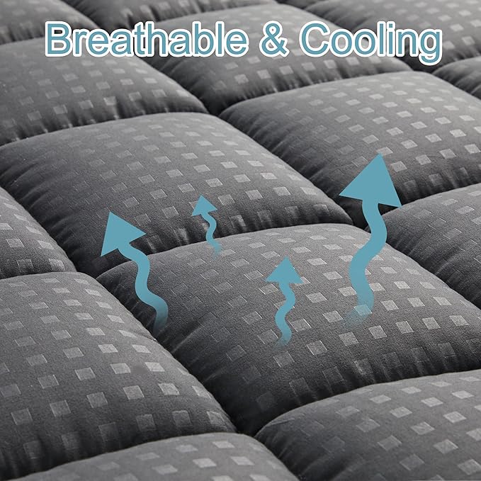 HYLEORY Full Mattress Pad Quilted Fitted Mattress Protector Cooling Pillow Top Mattress Cover Breathable Fluffy Soft Mattress Topper with 8-21" Deep Pocket, Dark Grey