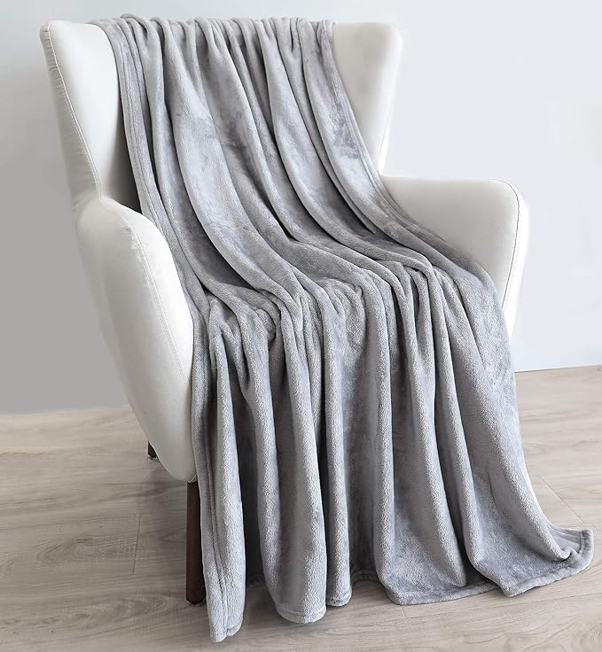 TASTHROW Large Flannel Fleece Throw Blanket, 60×80 Inch - Cozy Lightweight Thick Blanket - All Seasons Suitable for Women, Men and Kids (Light Grey)