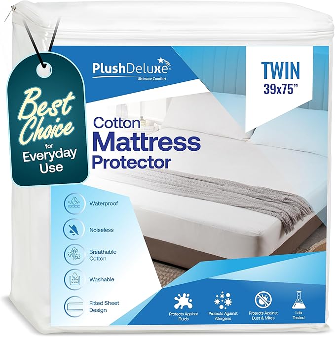 PlushDeluxe Twin Cotton Mattress Protector – Waterproof Cover with Fitted Sheet Design – Soft and Durable Mattress Pad for Noiseless Sleep – Easy to Install and Clean