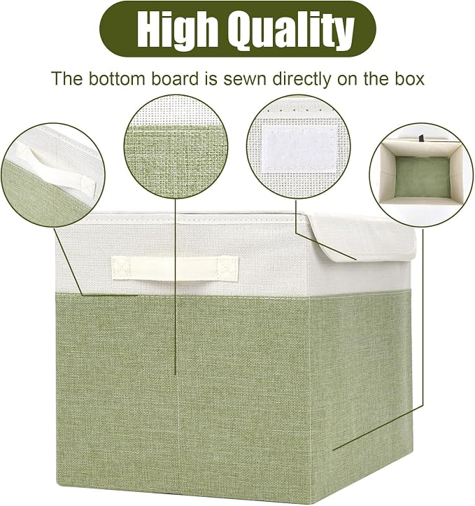 Large 17" 42 Quarts Collapsible Stackable Storage Bins with Lids [3-Pack] Foldable Fabric Linen Storage Boxes Cube, Closet Organizer Baskets with Label for Home (16.7 x 12 x 12", Green & White) - Image 5