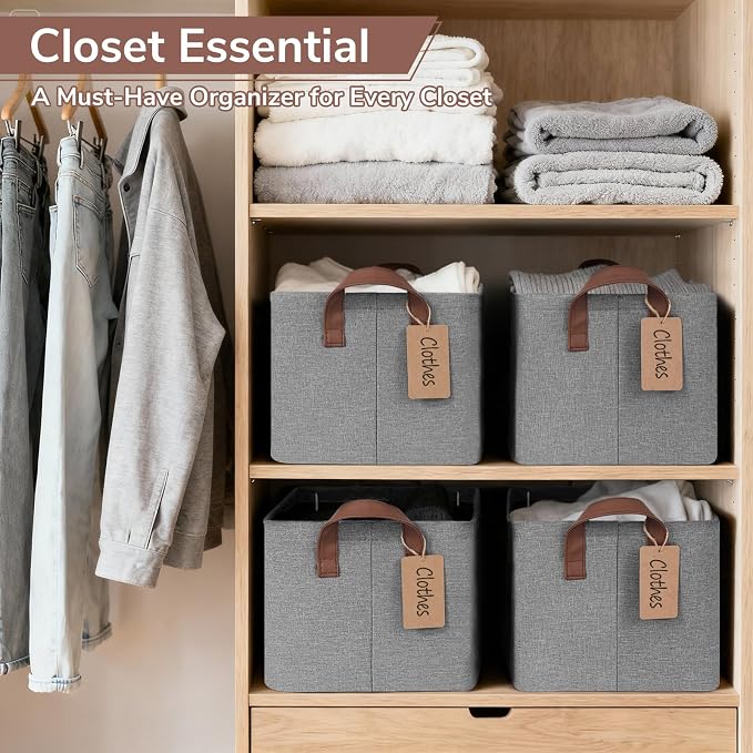 CHICVITA 4 Pack Storage Baskets for Shelves, Foldable Fabric Storage Bins with Metal Frame Handles, Closet Organizer Bins for Toys Blankets, 14.8" x 10.3" x 8.3", Gray - Image 2